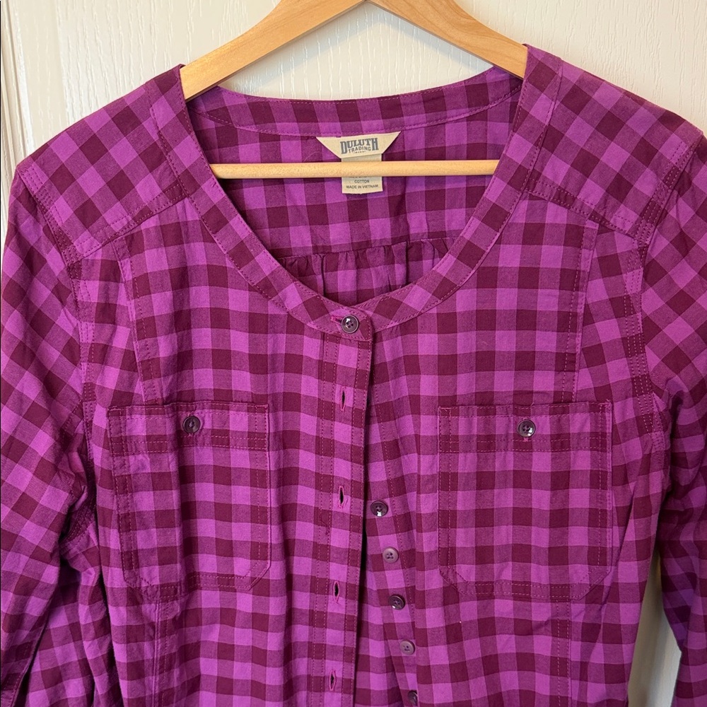 Duluth trading Company tunic Magenta Checkered Blouse